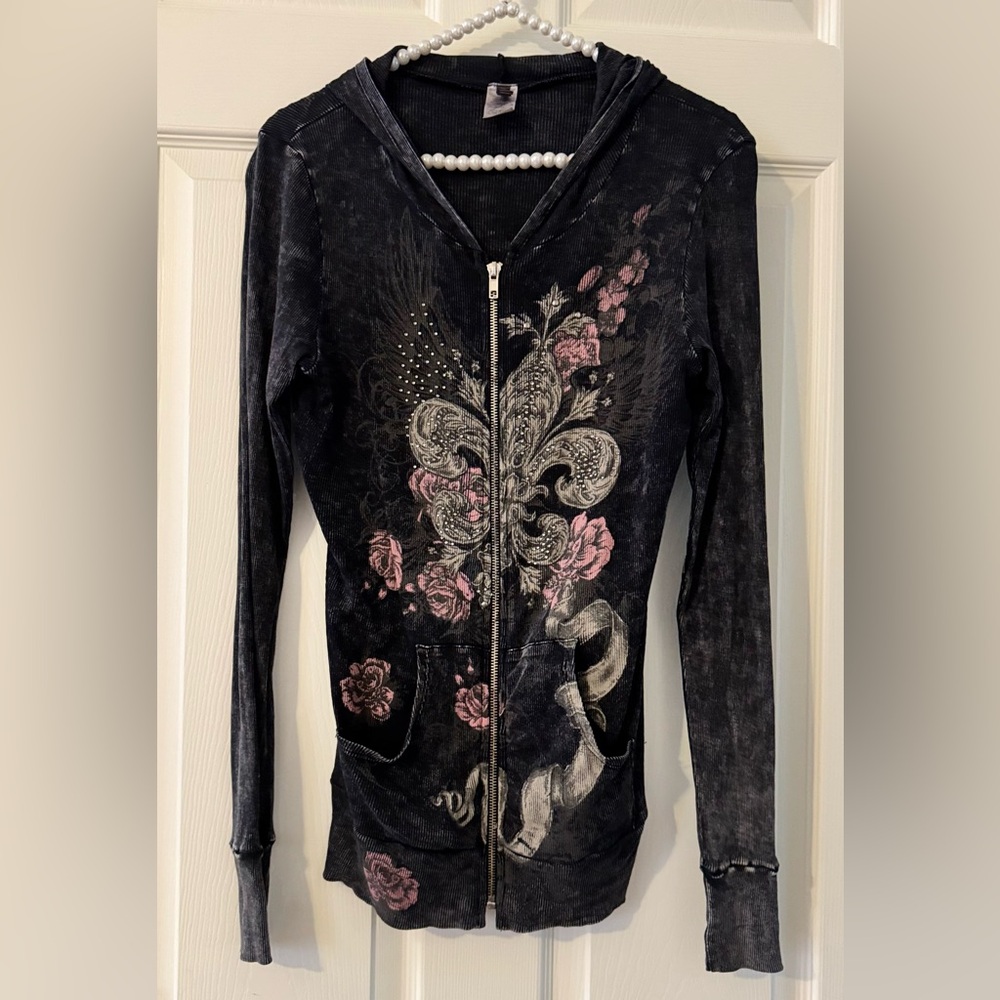 Dark Grey Lightweight Hoodie with Fleur de Lis,Roses and Ribbon with Rhinestones